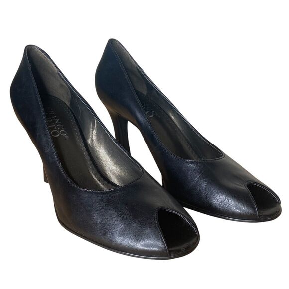 Franco Sarto High Heels Size 10 Black Leather Open Peep Toe Slip On Pumps - Picture 2 of 9